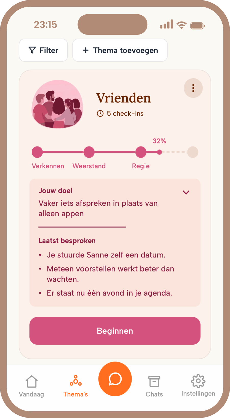 A theme card with your goal and where you left off